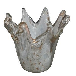 Vtg Murano Style White Clear Cased Glass Handkerchief Vase Gold Aventurine Frit